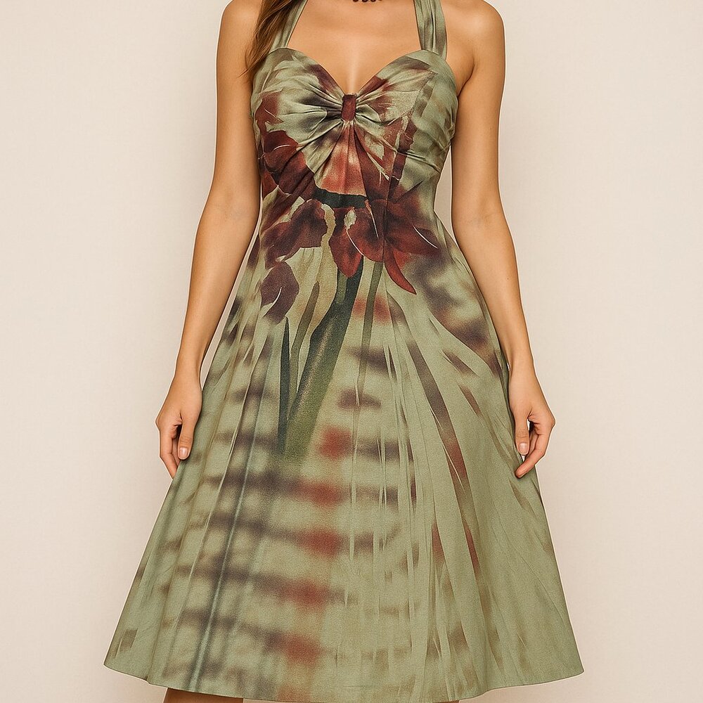 Vintage Y2K Floral Halter Dress – Olive & Burgundy – Made in USA – S/M - Reina